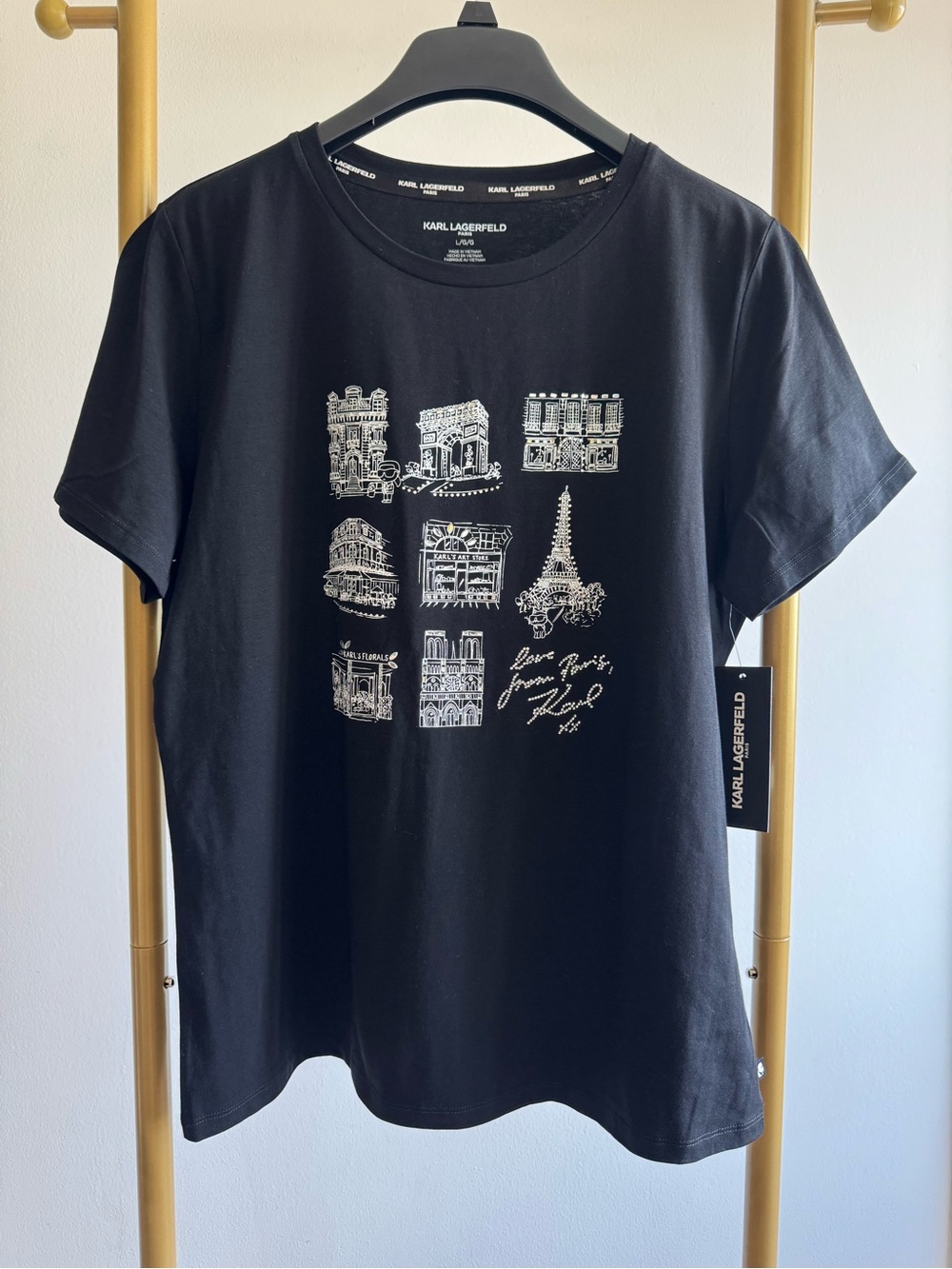 Karl Lagerfeld Black Short Sleeve Tee with White Paris Landmark Print